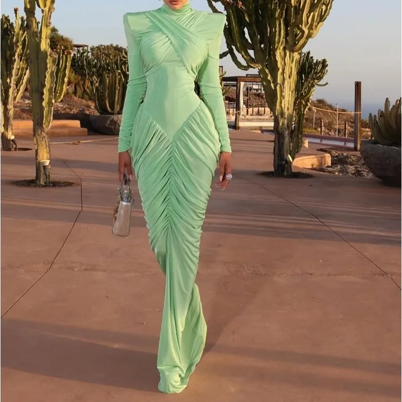 

2025 Charming Aura Queen Mint Wave Cross Pleated High-Neck Long-Sleeve Dress for Women