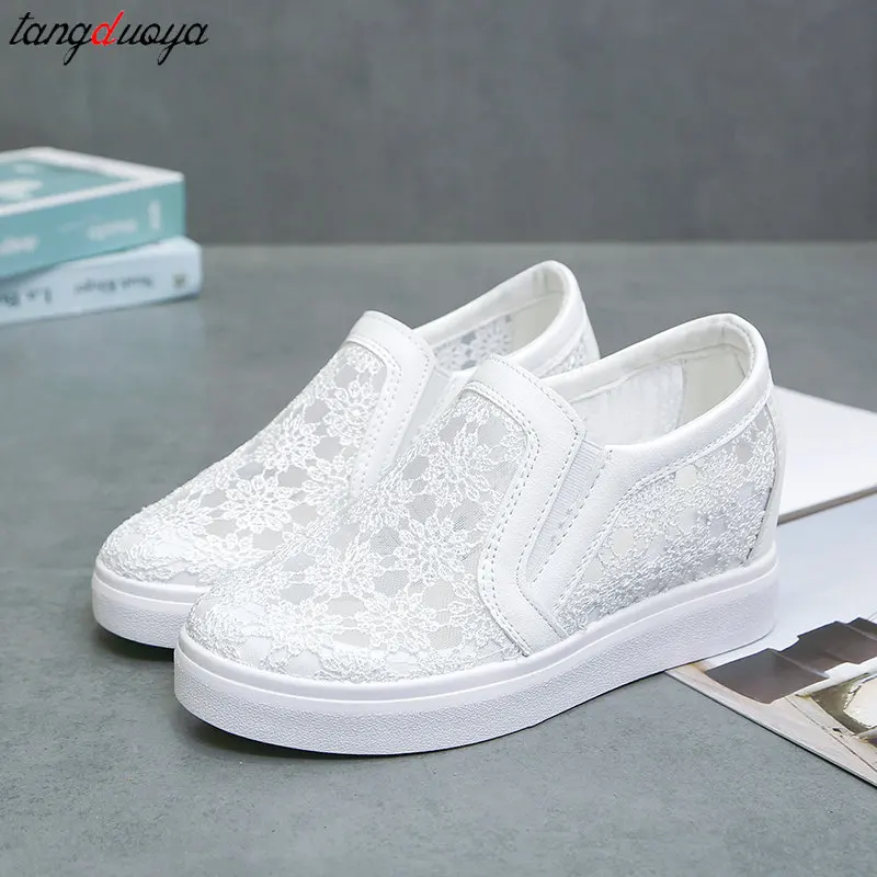 Women Wedge Platform Sneakers Fashion Summer White Casual Shoes women Cutouts Lace Canvas Hollow Breathable Loafers Shoes