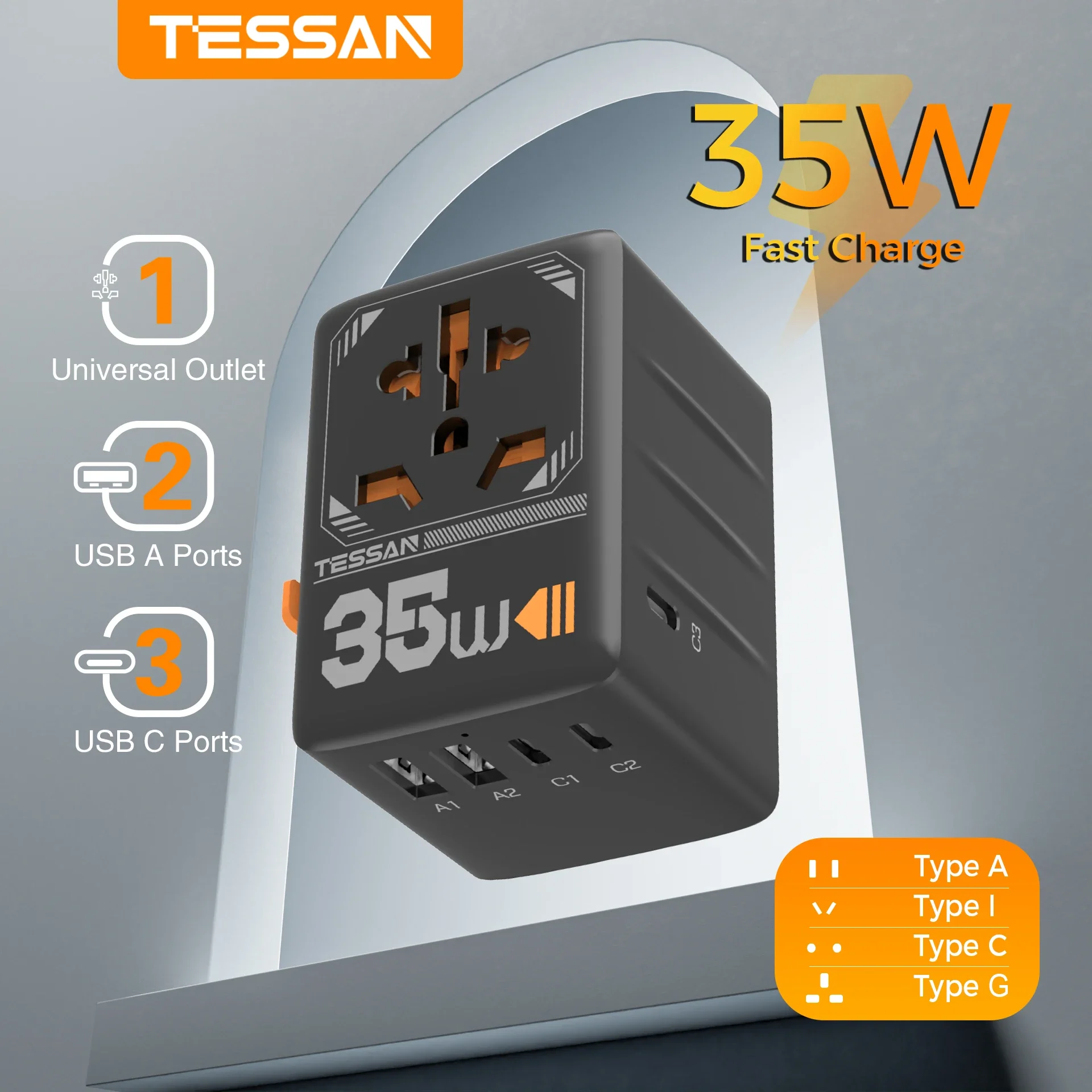 TESSAN GaN Universal Travel Adapter with Multiple USB Quick Charging International Plug Adapter 35W 65W Worldwide Power Outlet