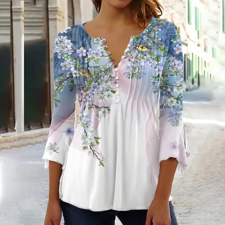 Women's Floral Print V-neck Short-sleeved Pleated Button-up T-shirt Bottoming Shirt 2025 Spring and Summer Fashion New Models