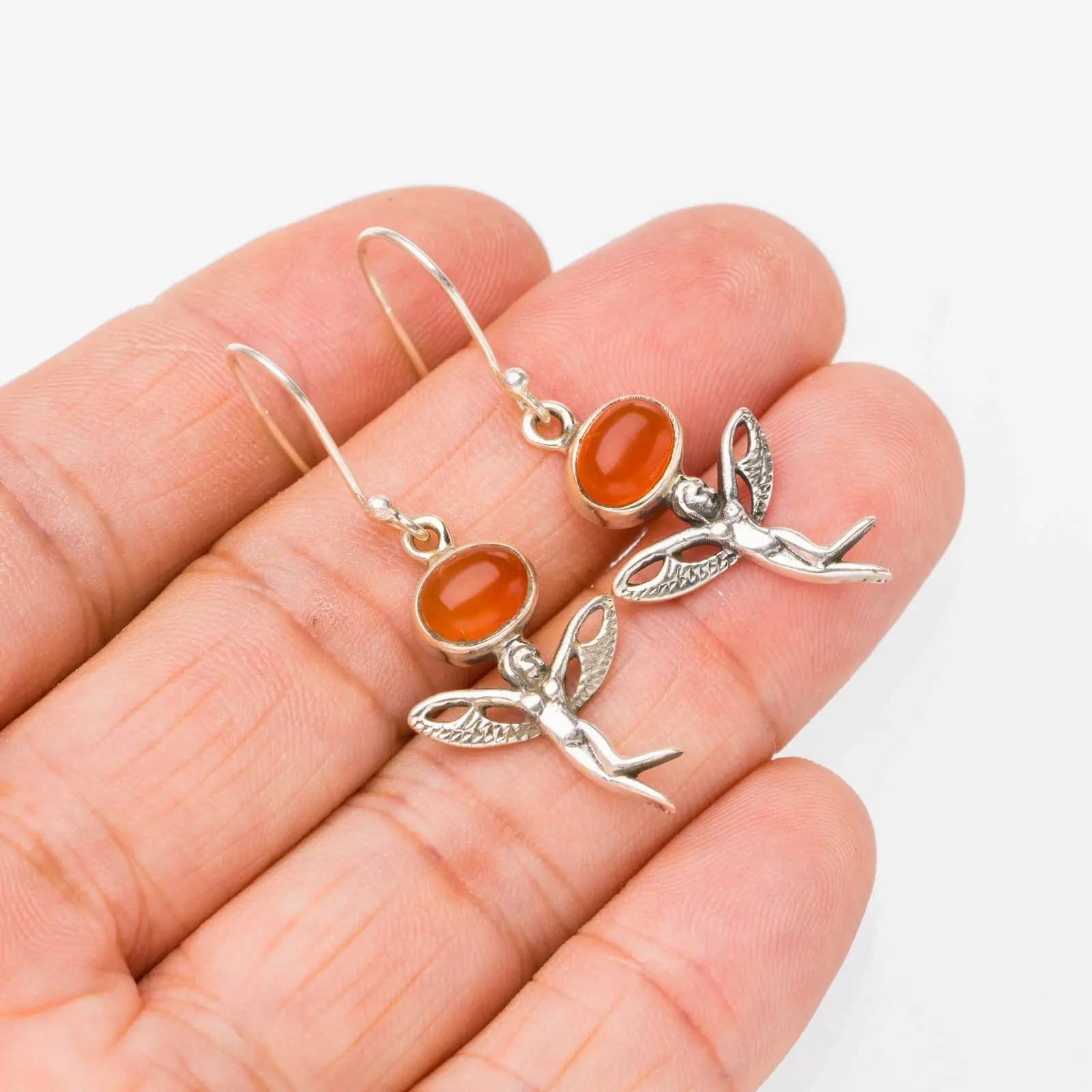 StarGems® Natural Carnelian Fariy Handmade 925 Sterling Silver Earrings 1.75