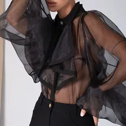 Women's Bubble Puff Sleeved See-through Blouse Fashion Sexy Translucent Organza Bodysuit Woman Summer Sheer Shirt Clothes