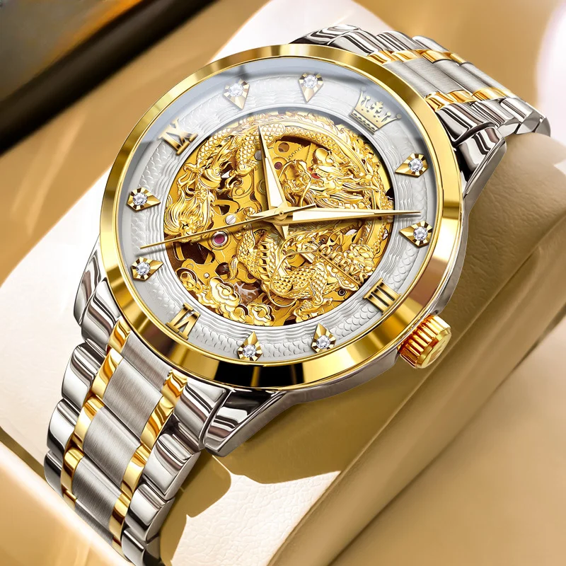 For  Automatic Mechanical Wristwatch Fashion Relios Masculin Watch Gold Dragon Luxury Brand Diamond For Mens Watches