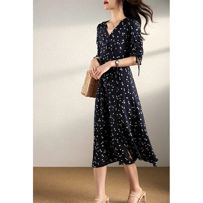 Natural Mulberry Silk Women's Resort-style Dresses Elegant Dresses V-Neck Women Clothing Summer Dress 2024 New Vestidos Mujer
