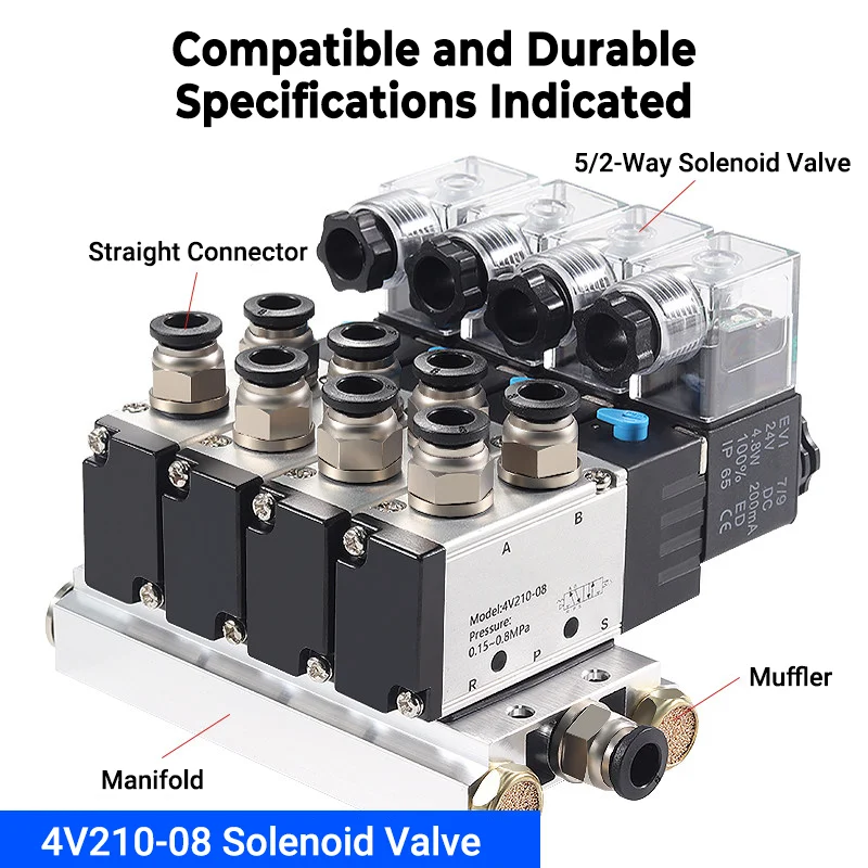 4V210-08 Valve Island Pneumatic Solenoid Valve Manifold 5/2 Way 12V/24V DC 110V/220V AC With Fittings Muffler Air Control Block