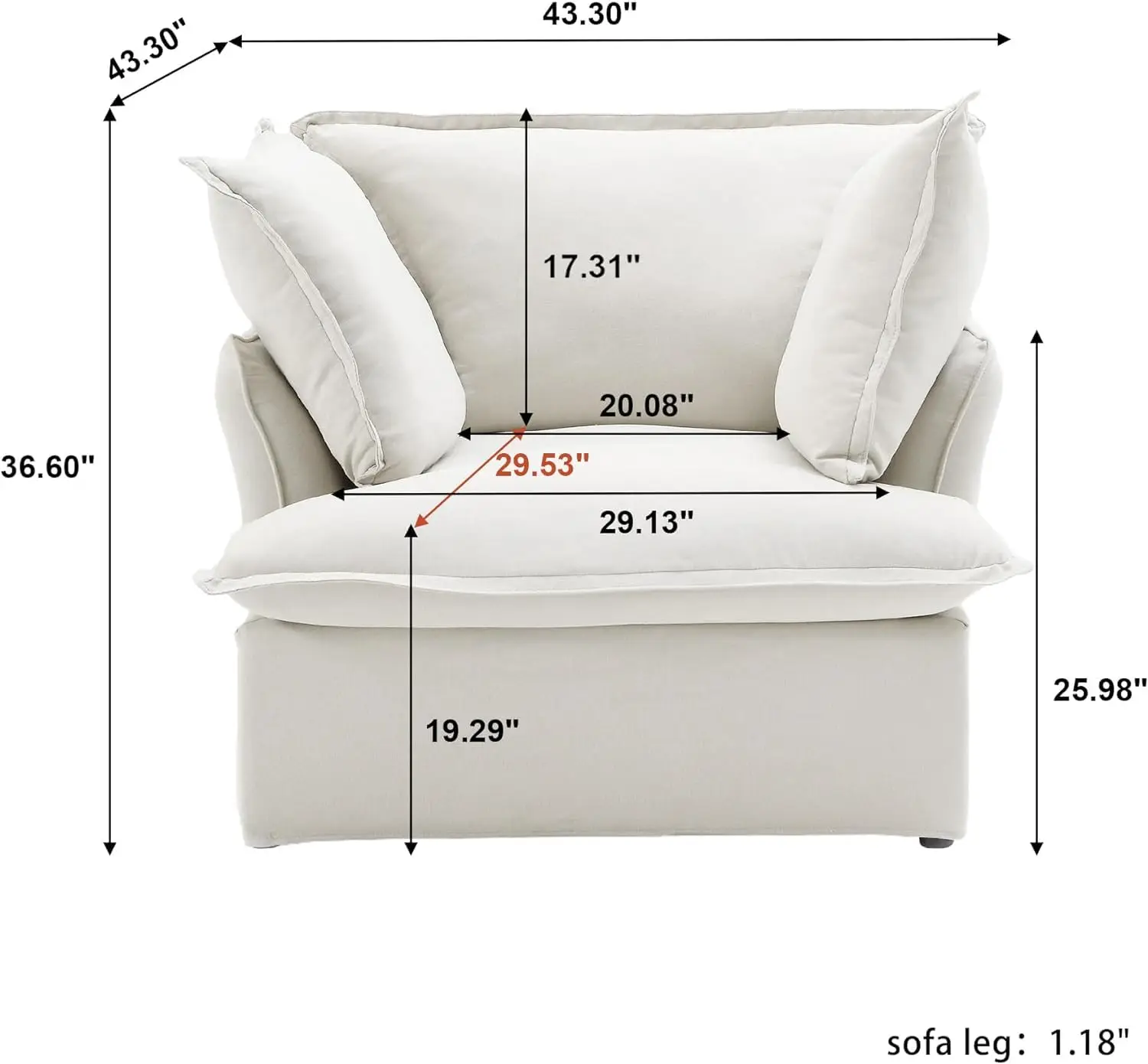 43" Modern Comfy Couch Chair with Thick Cushion, Couch Single Accent Chair Deep Seat Sofa Couches, Hemp Velvet Sofas Furniture