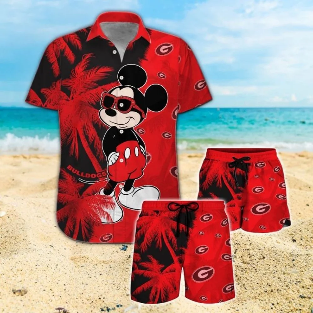 2025 New Disney Hawaii 3d printed shirt New men's and women's fashion Mickey button short sleeve short suit Disney beach childre