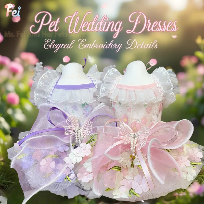 

Luxury Handmade Flower Lace Bow Sling Dresses Pink Purple Pet Dog Clothes for Small Medium Dogs Summer Puppy Home Wear Skirts