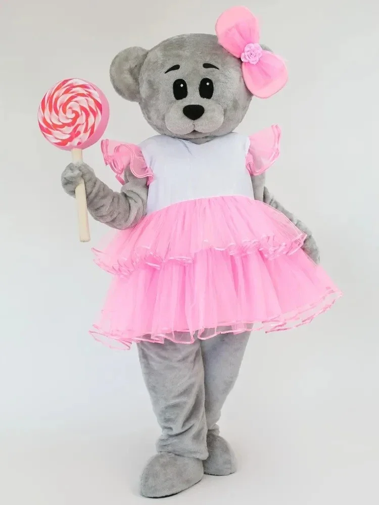 

Disney Pink Yarn Dress White Teddy Bear Mascot Costume Cartoon Grey Bear Doll Outfit for Halloween Christmas Fancy Parties