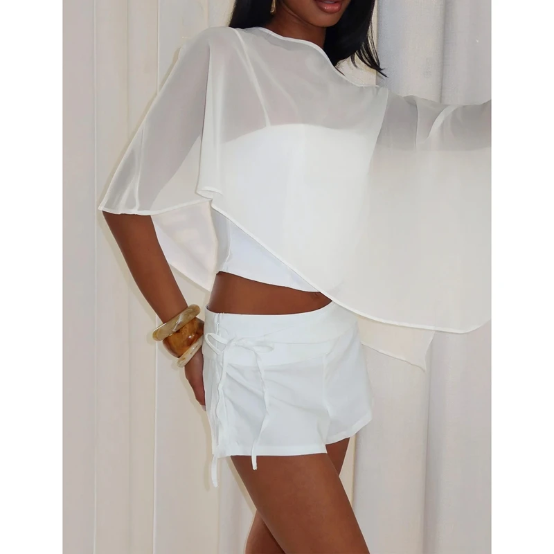 

Lightweight Ponchos for Women Loose Solid Color Boat Neck Irregular Coverup Tops Mesh Off Shoulder See Through Shrug