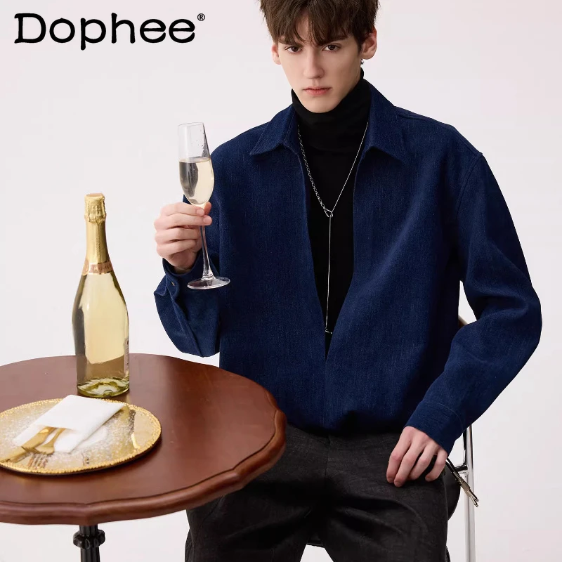 

Мужские зимние новые рубашки высокого класса 2025 года, рубашки из искусственной двух частей с воротником-стойкой и длинными рукавами, мужская внутренняя одежда, удобные однотонные топы