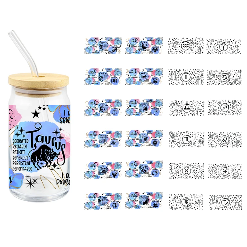Twelve Constellations Uv Dtf Transfer Sticker Diy Waterproof For 16Oz Cups High Temperature Resistance Easy To Use Custom Decals