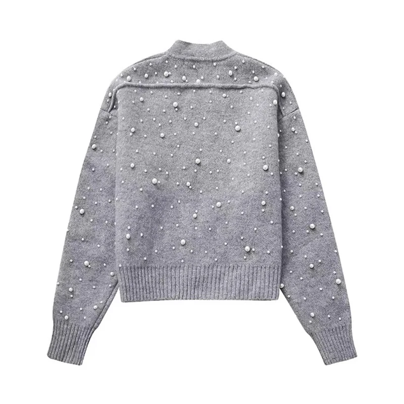 ZHUISHU Women Fashion With Faux Pearl Grey Front Zipper Bomber Jackets Vintage O-Neck Long Sleeves Female Chic Lady Outfits