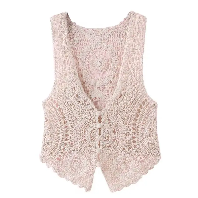 

Solid Crochet Knit Vests Sweater Cropped Tank Top Women Fashion 2024 New V-collar Summer Sleeveless Hollow Out Vintage Chic L68