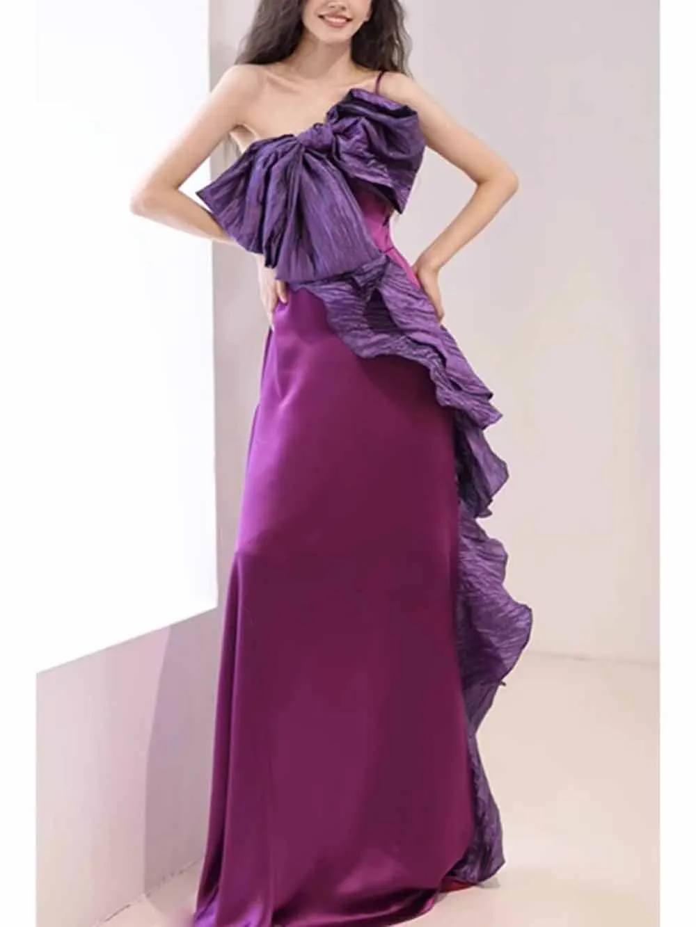 Elegant Purple Satin Evening Dress Women's Light Luxury Pleated Bow Sagging Fold One Shoulder Slip Dress Floor Length Vestido