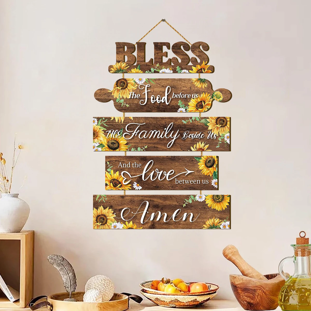 1 set of 2D gratitude wooden wall hanging decoration before meals, sunflower pattern, rustic farmhouse wall decoration