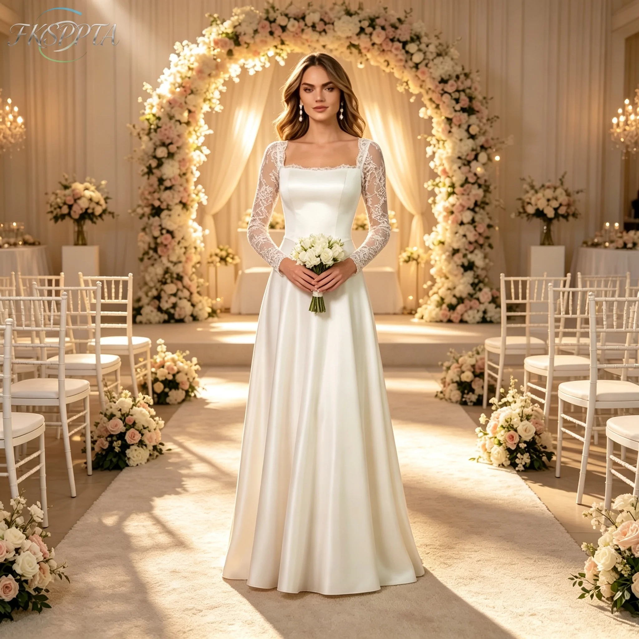 Eelgant Lace Long Sleeves Wedding Dress A Line Floor Length Satin High Quality Bridal Wedding Gowns Plus Size Vestido De Noiva