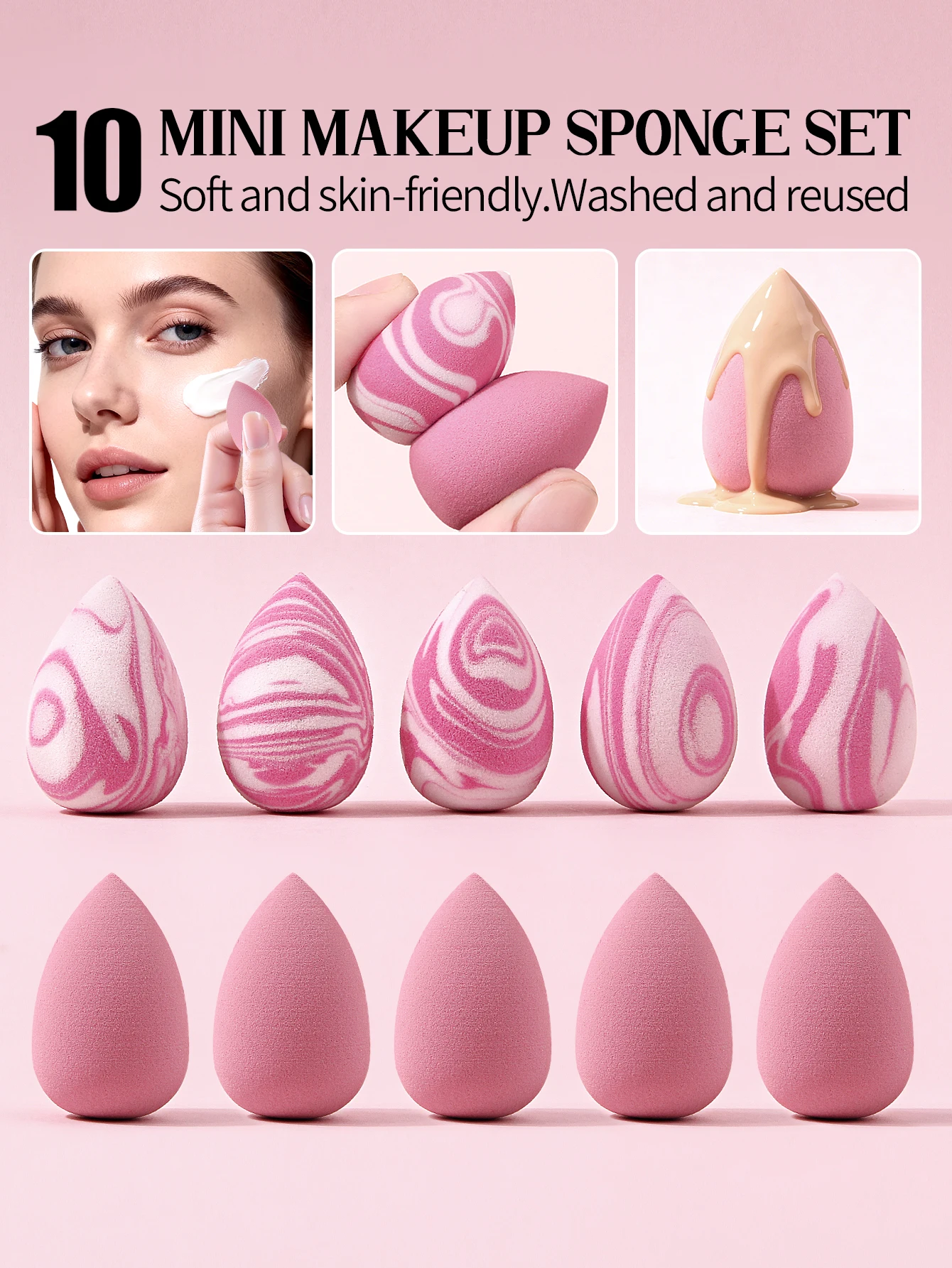 10 pcs Mini Makeup Blending Sponge, Pink Teardrop Shape, Dual-Use Wet & Dry Foundation Sponge for Women