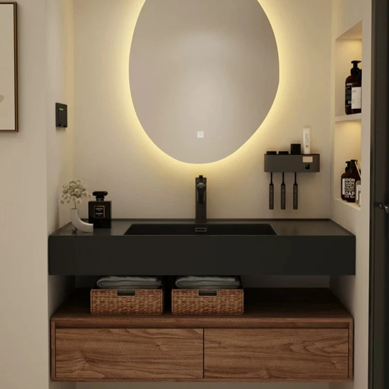 Mueble de Baño Color Nogal Francés con Lavabo Integrado de Piedra, Mueble Bajo Lavabo para Hotel FYBC