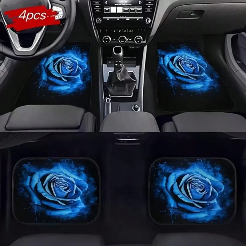 Set Of 4 Premium Elegant Blue Rose Car Floor Mats - All-Weather, Suitable For Sedans And Suvs, With A Polyester Fiber Backing, P