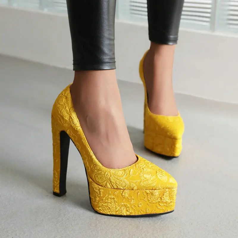 

Debossed Flower Floral Yellow Light Green Pointed Toe Women Shallow Slip-on Shoes Spike High Heels Platform Pumps Stilettoes