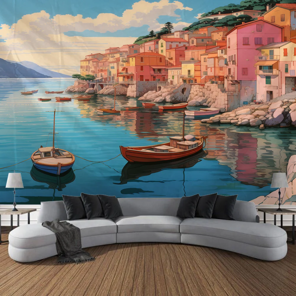 

Seaside Town Landscape Comics Tapestry Wall Art, Large Tapestry Mural Decoration, Home Bedroom, Living Room Decoratione