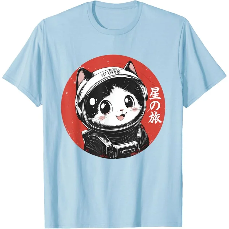 Camiseta con gráfico de gato espacial, camiseta de anime de arte japonés Kawaii de astronauta