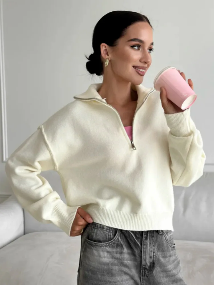 نصف سستة تصميم بلون المرأة سترة بسيطة موضة التلبيب طوق كم طويل البلوز القمم جديد كسول نمط عادية تريكو #3