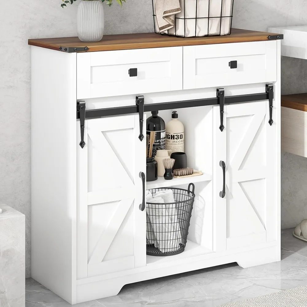 

Bathroom Floor Cabinet, Farmhouse Storage Cabinet with Sliding Barn Door and Storage Drawers, White Buffet Cabinet with