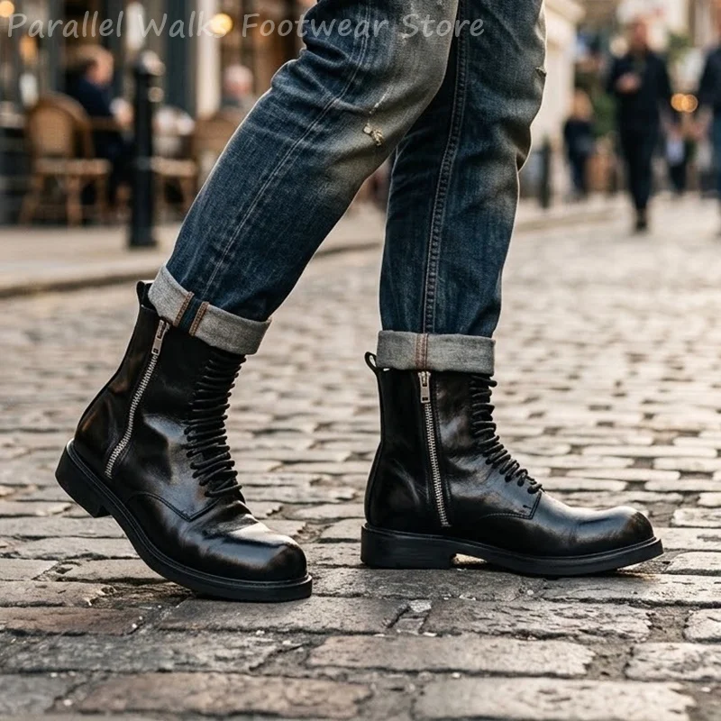 Men Lace Up Side Zipper Leather Boots Retro Combat Motorcycle Ankle Shoes Punk Streetwear Vintage High Top Casual Boots For Men