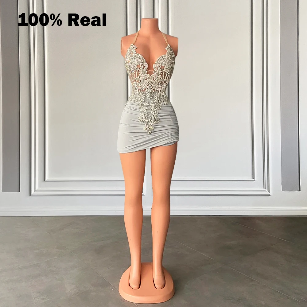 블랙 걸스 홀터용 멋진 실버 미니 칵테일 파티 생일 드레스, 럭셔리 비즈 아플리케 짧은 무도회 가운, 맞춤형