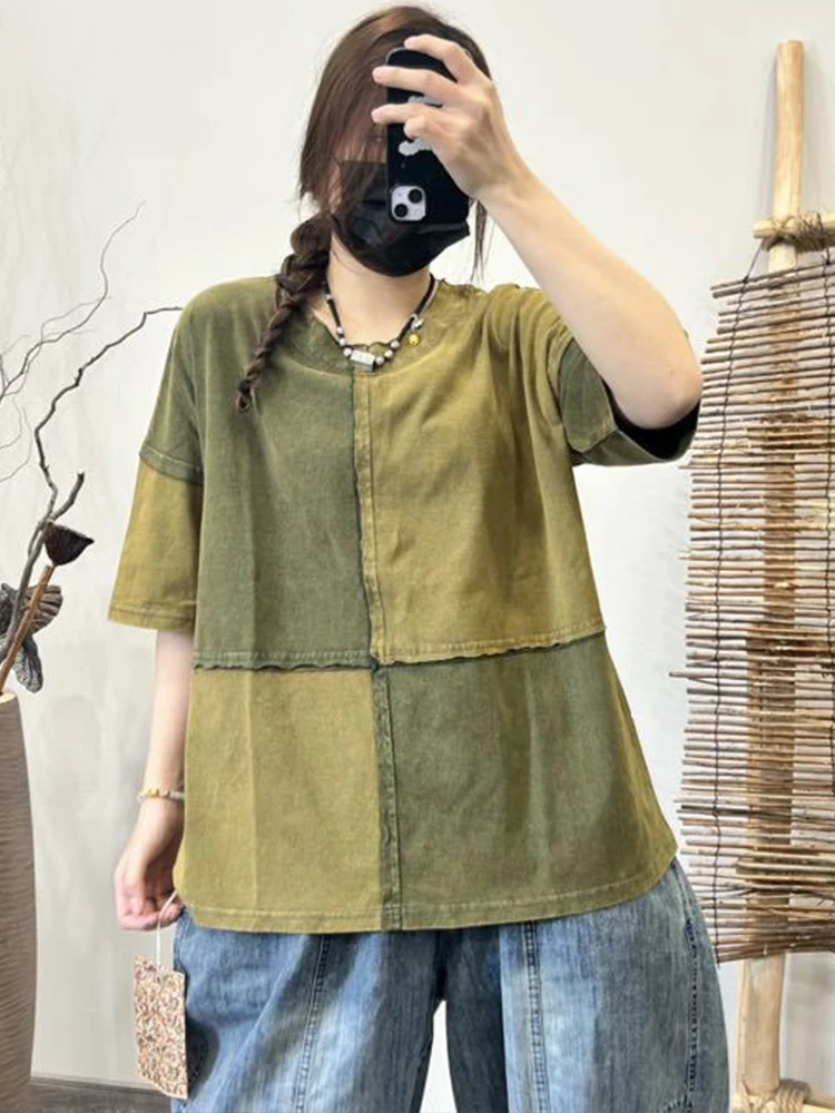 Amax luluE Summer Korean Vintage Clothes Womens Leisure Loose Cotton T-shirts Ladies Luxury Fashion O Neck Tops Patchwork Tees