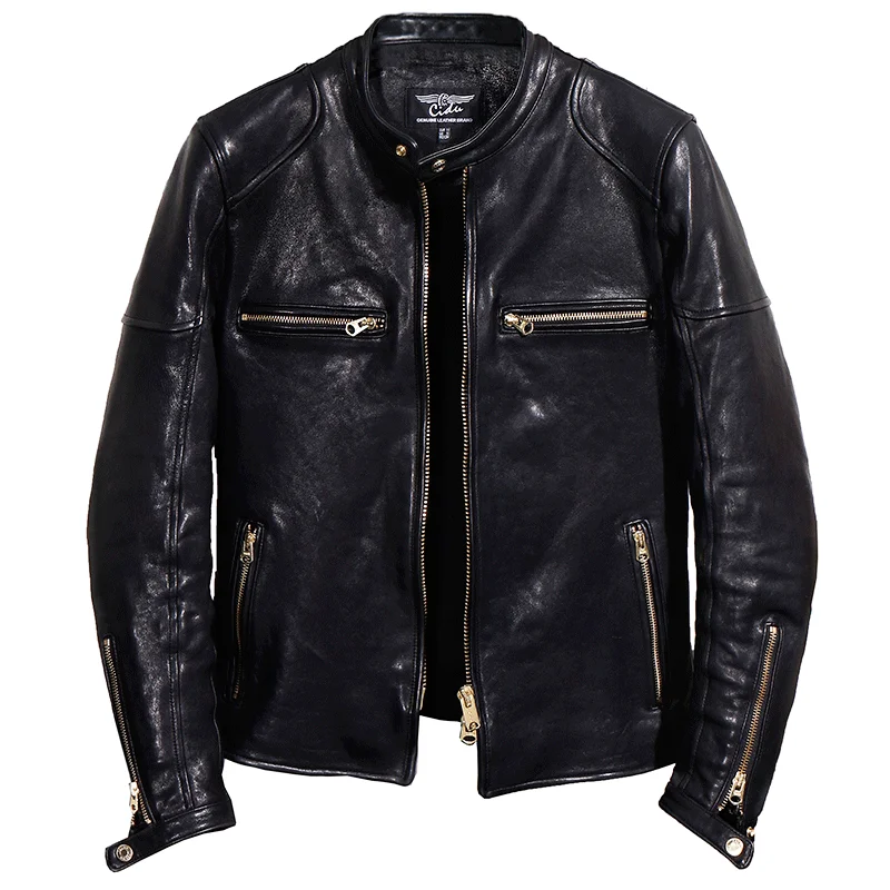 

Free shipping.Biker Quality quality Italy oil tanned leather jacket.black thick luxury sheepskin coat.vintage slim clothes