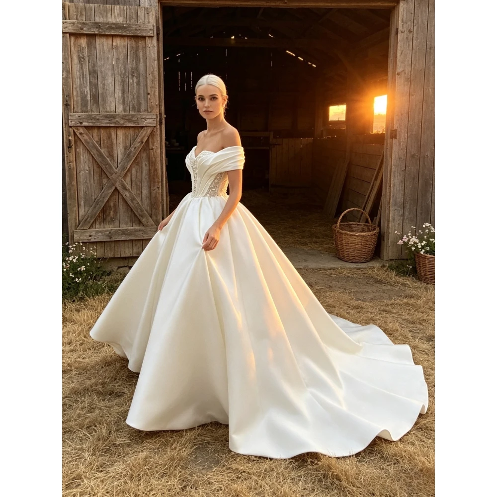 Customized Off Shoulder Satin Wedding Dress for 2026 Lace Corset and Fluffy Sleeves An Elegant Bridal Gown Suitable for Parties