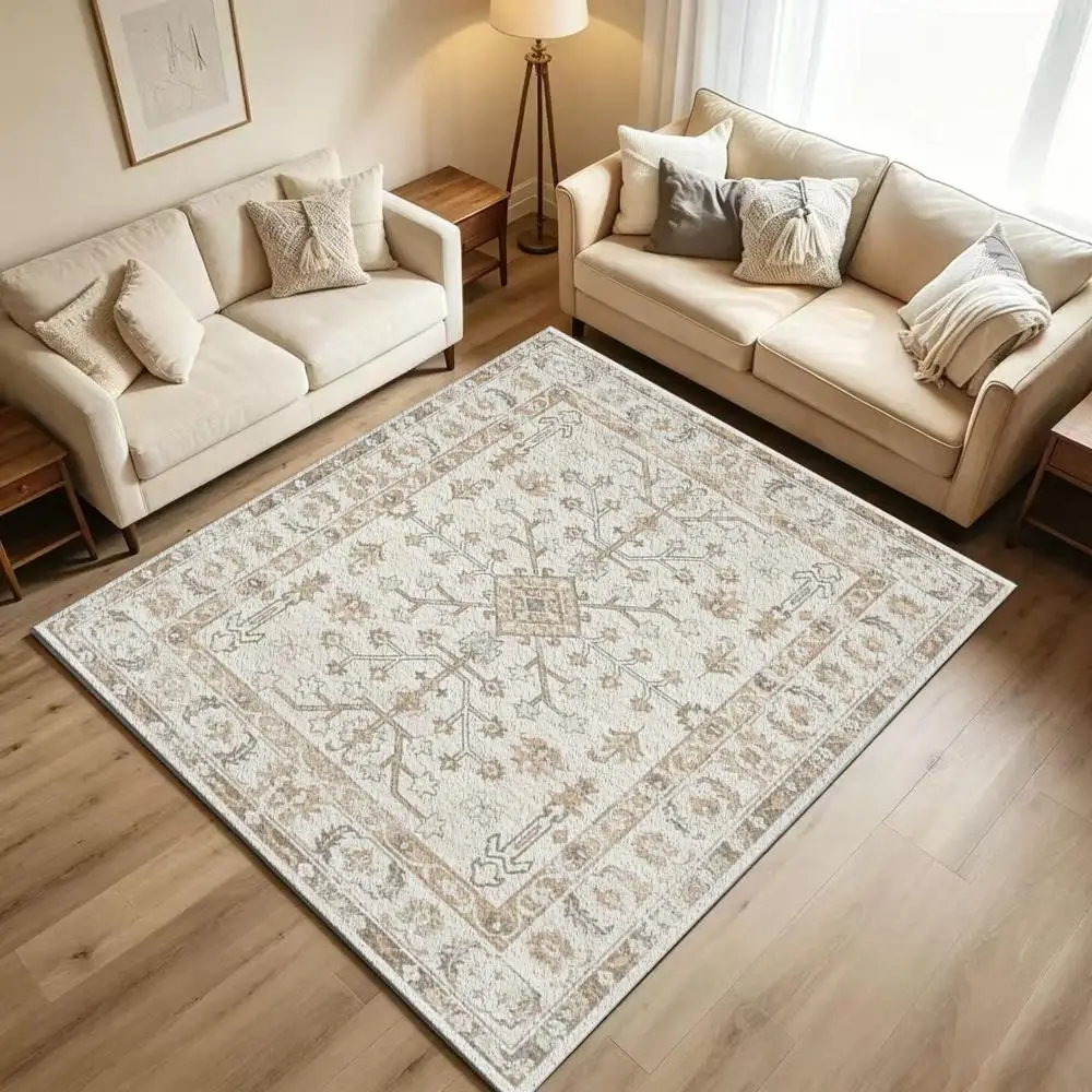 Vintage Cream Gold Geometric Area Rug Non-Slip Soft Floor Carpet for Living Room Bedroom Home Decor