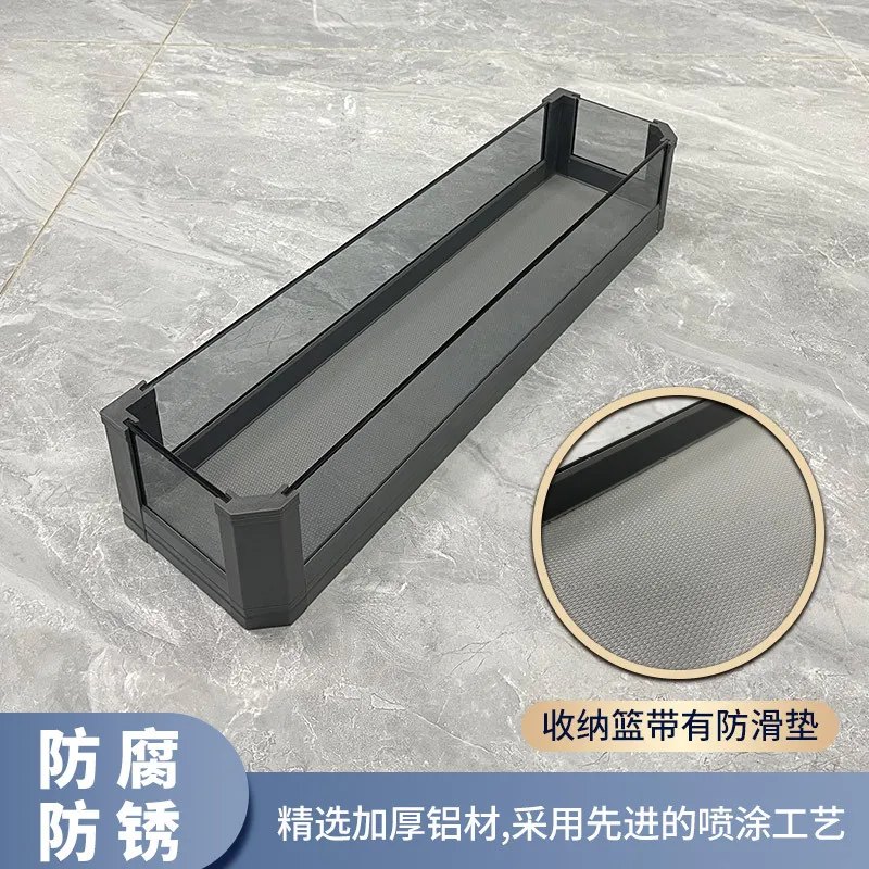 Kitchen cabinets, extremely narrow, double drawer type, cabinet contents, glass basket