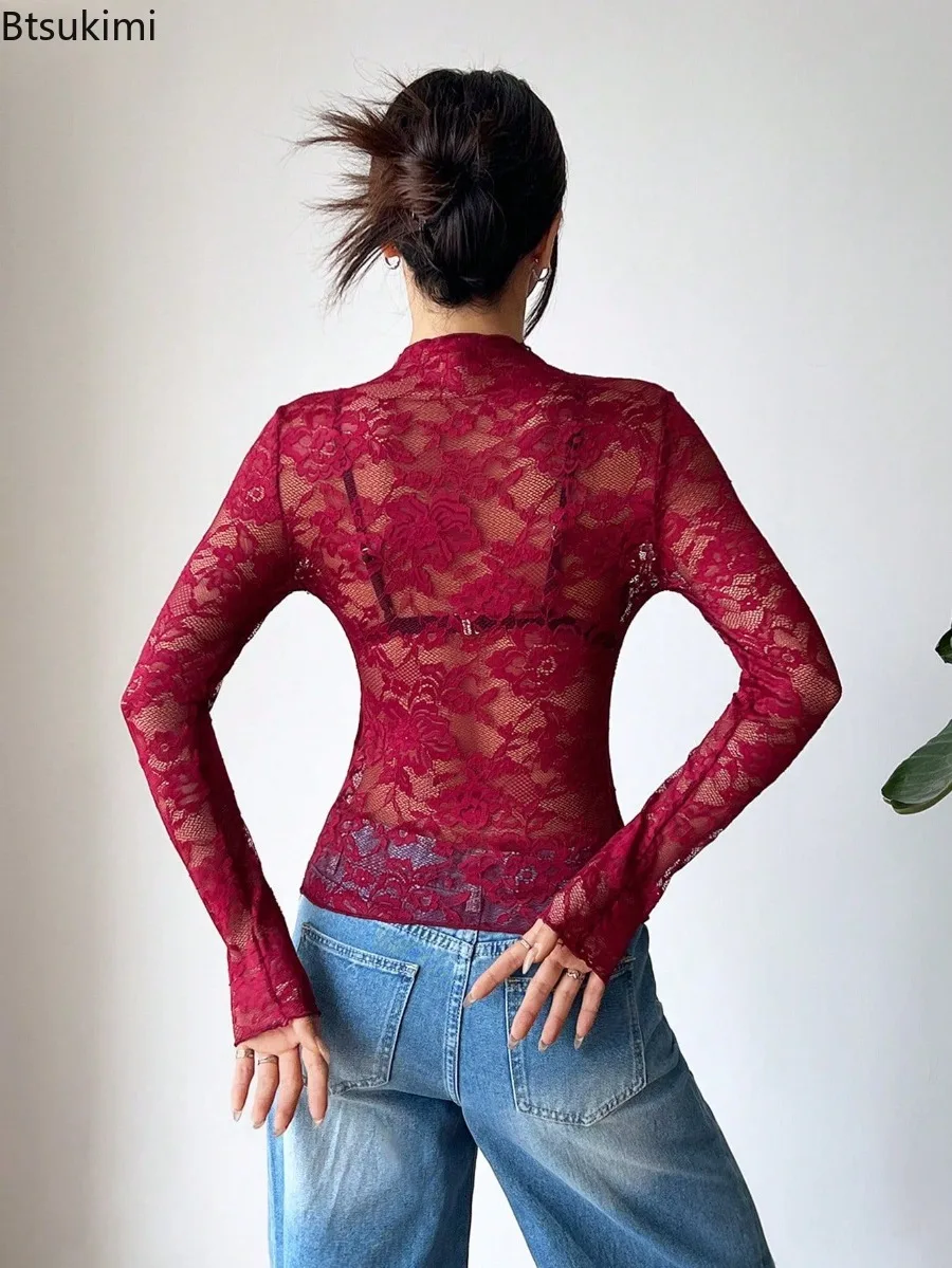 New Women's Sexy Lace T-shirts Thin Long-sleeved Slim Pullover Crop Tops Spring Fashion Hollow Out Date Nightclub Hot Girl Tees
