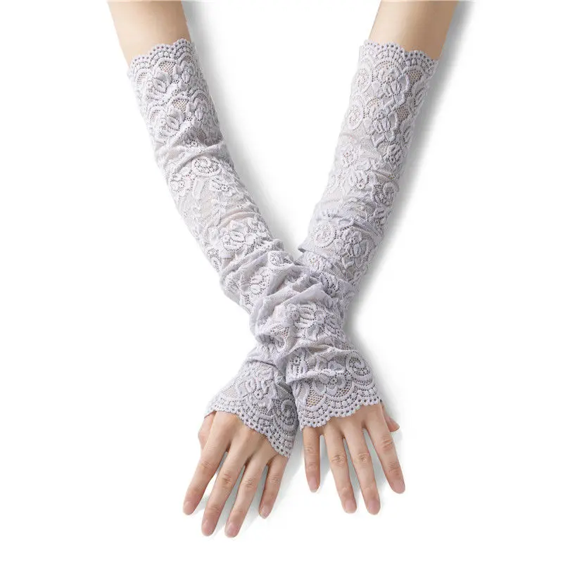 Guantes de protección solar para mujer, manguitos largos de encaje, color negro, blanco, Beige, rosa, 43CM