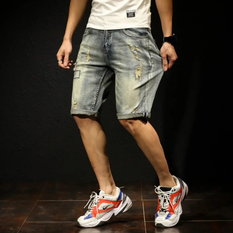 

JXN821 Summer retro broken holes denim shorts men tide loose five trousers straight Slim