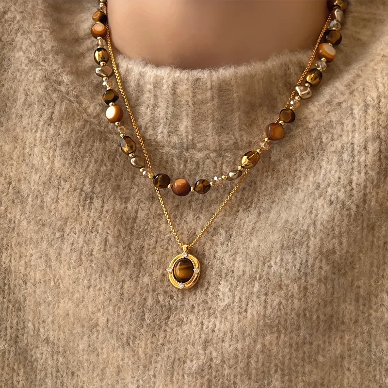 Natural Tiger-eye Stone Vintage Beaded Necklace Accessory for Women High-end Pendant Jewelry