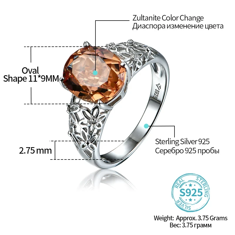 Zultanite Color Changed Stone Silver Ring Women Special Design Wedding Ring 6 Carats Created Diaspore Silver Engagement Ring