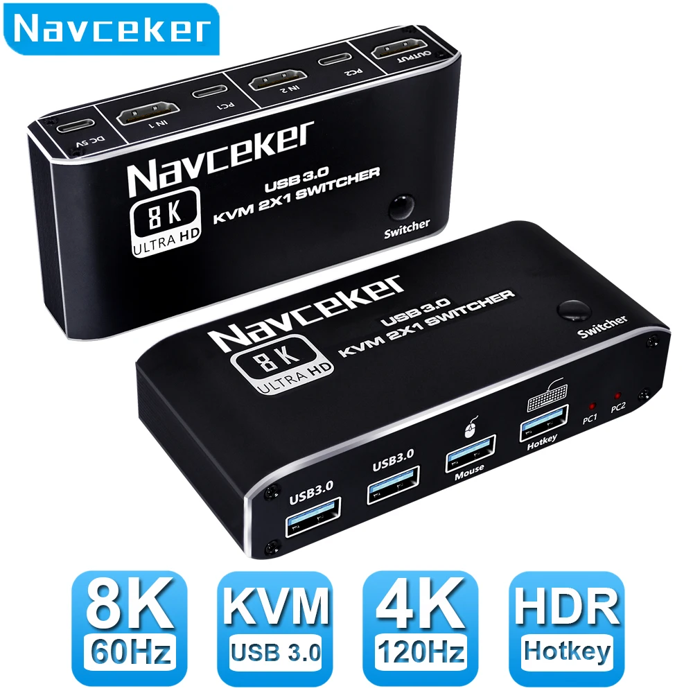 Navceker 8K KVM Switch HDMI compatibile 4K 120Hz 2 porte HD KVM Switcher Box USB per Monitor condiviso tastiera e Mouse stampante PC