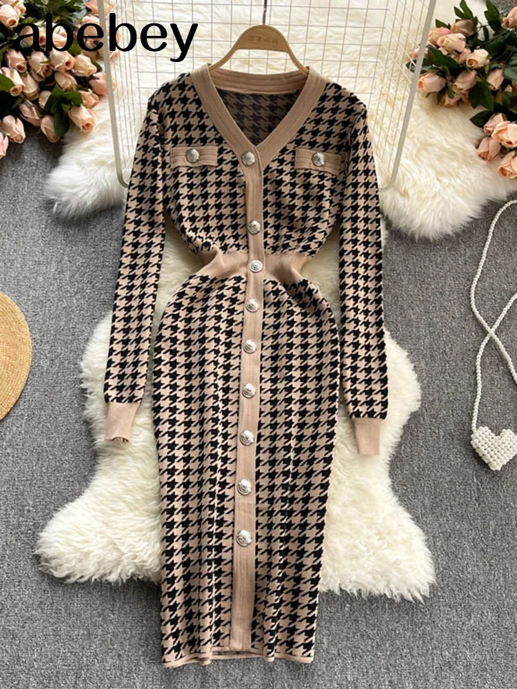 Women Elastic Knitted Dress Long Sleeve v Neck Button Slim Sheath Dresses Autumn Sexy Bodycon Split Short Dress