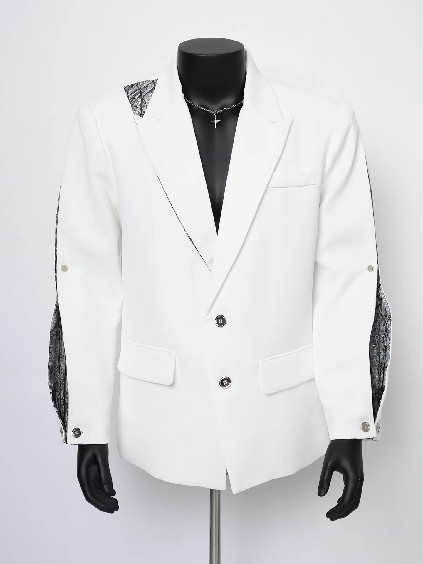 

Lace Patchwork Men's Suit Jaet Loose Fitting Notch Collar Design Casual Sle Long Sve Single Button Closure