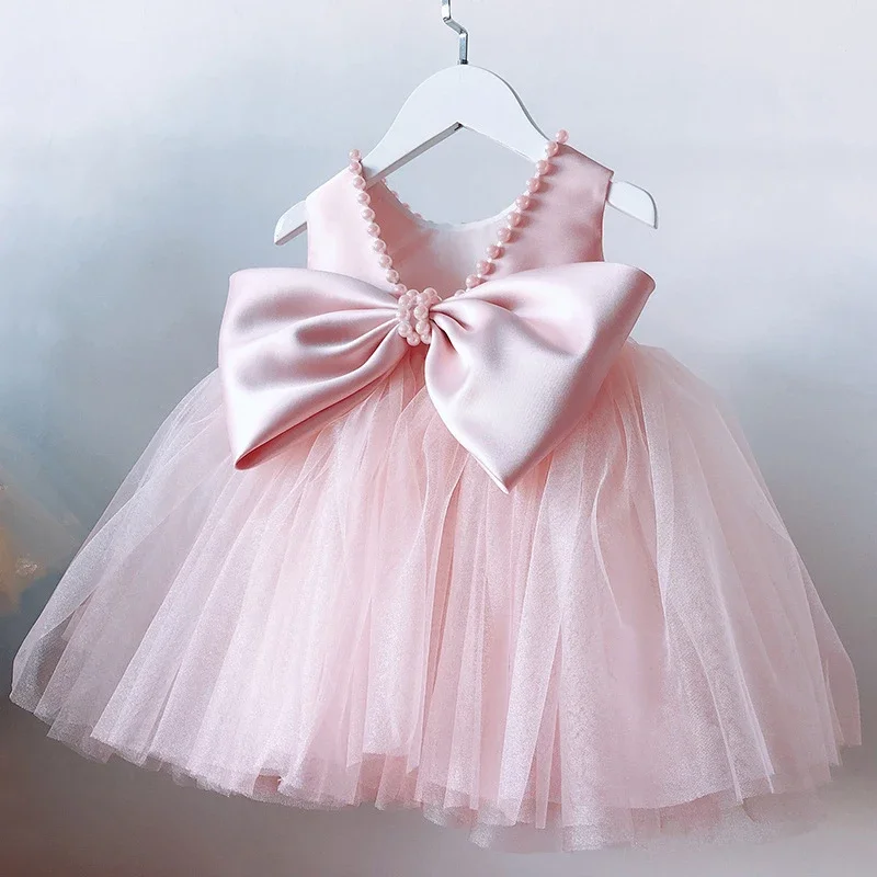 Cute Baby Dress Summer 1-5Y Toddler Bow Clothes Baby Girls Birthday Baptism Party Dresses Backless Beading Wedding Prom Vestidos