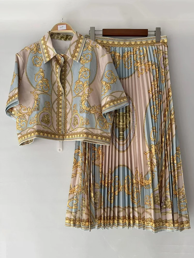 Designer style retro geometric print lapel short shirt two-piece set for summer women's wear+loose pleated skirt fashion set image 5