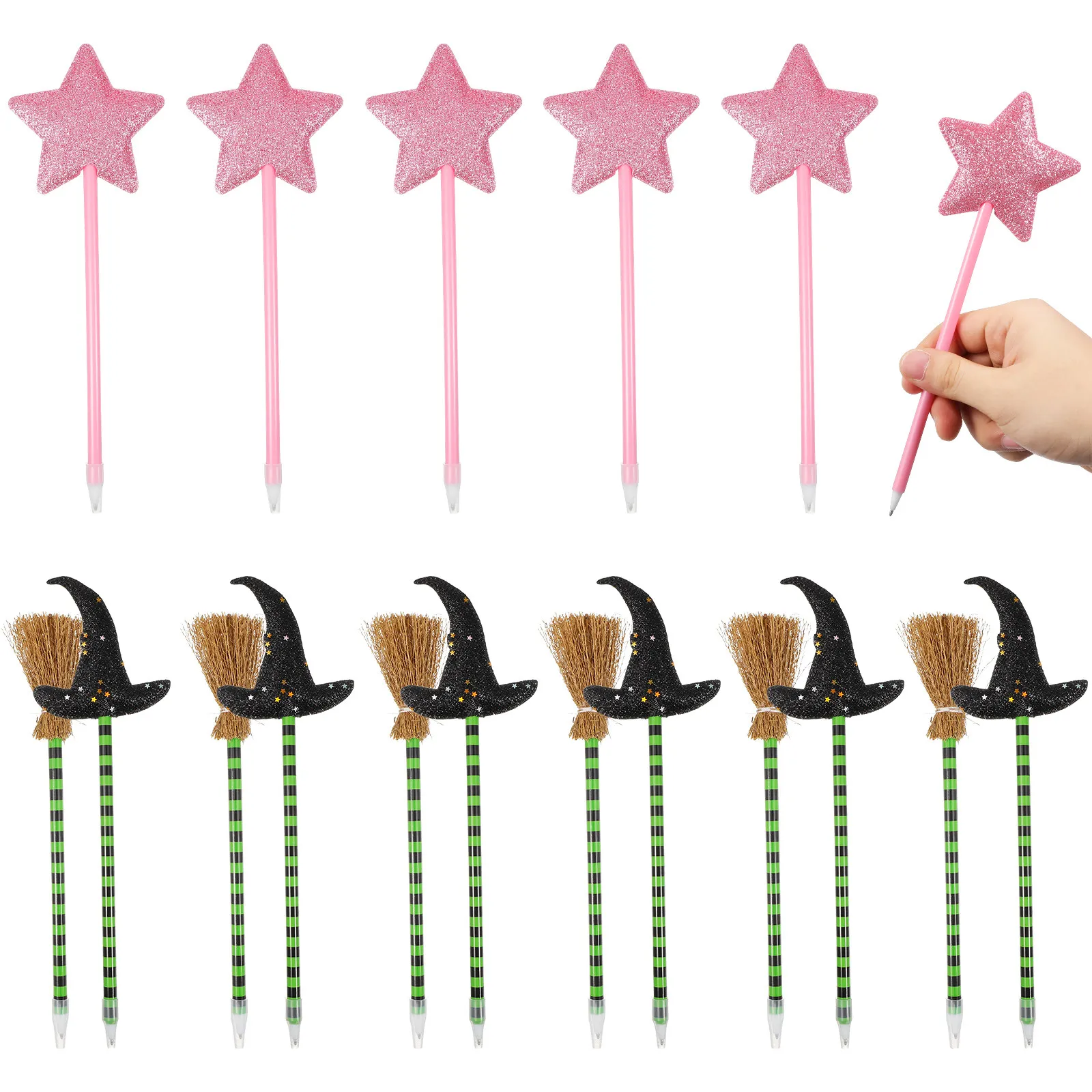 

18 pcs Holiday Decoration Pens Witch Hat Broomstick Star Design Halloween Valentine'S Day Party Favors Classroom Goodie Bag