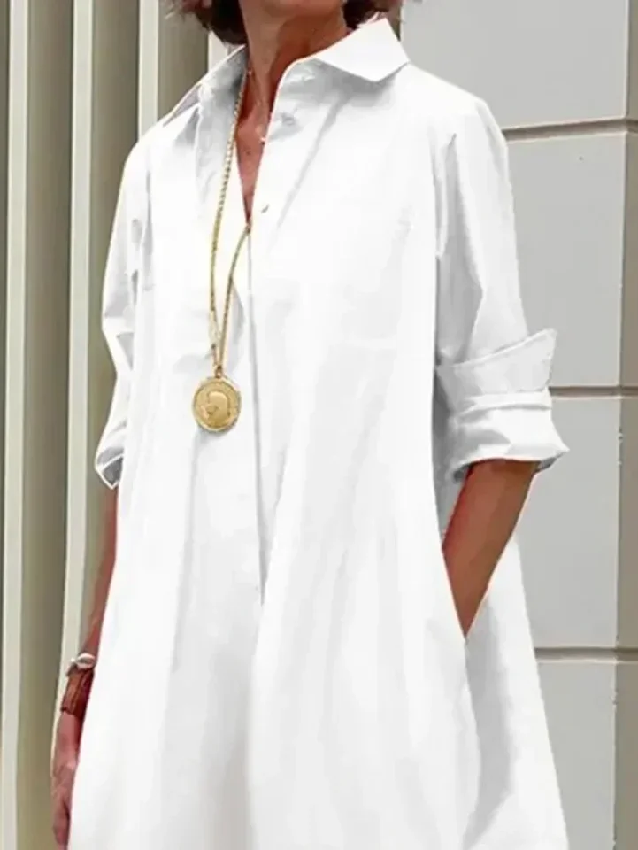 فستان قميص نسائي ربيعي جديد بأكمام طويلة بلون سادة ومكشكش وفضفاض غير رسمي فساتين متوسطة الطول #2