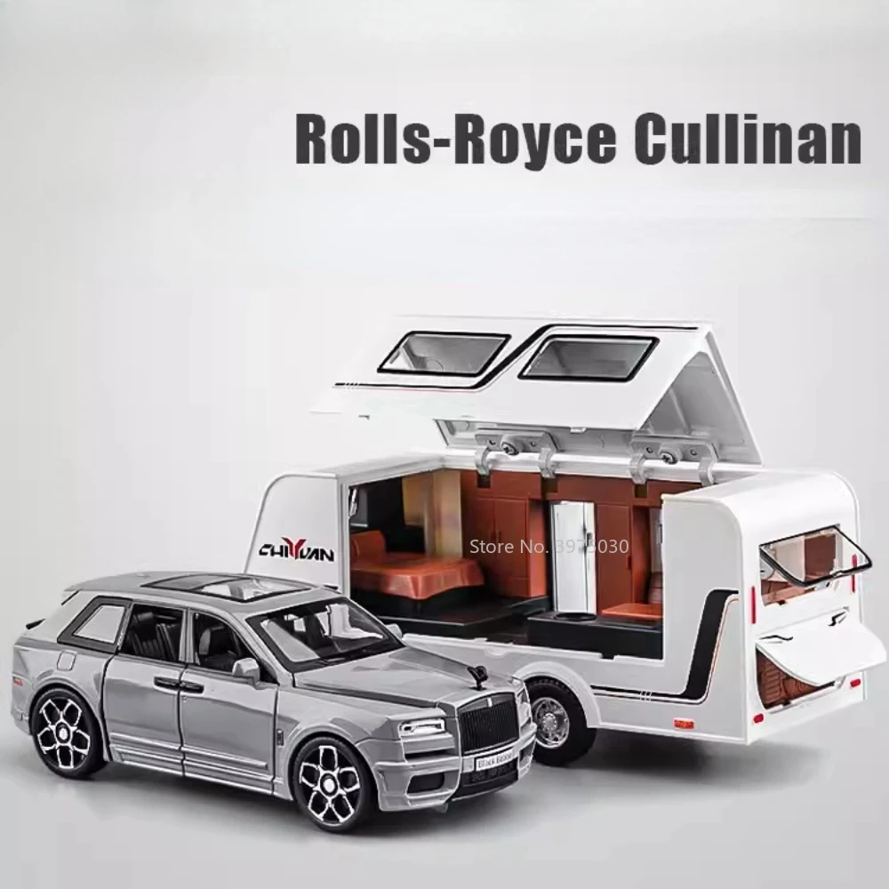 1:32 Legering Rolls Royce Cullinan Reizen Trailer Miniatuur Auto Speelgoed Modellen Geluid Licht Motor Home Voertuigen Perfecte Cadeaus voor Jongens