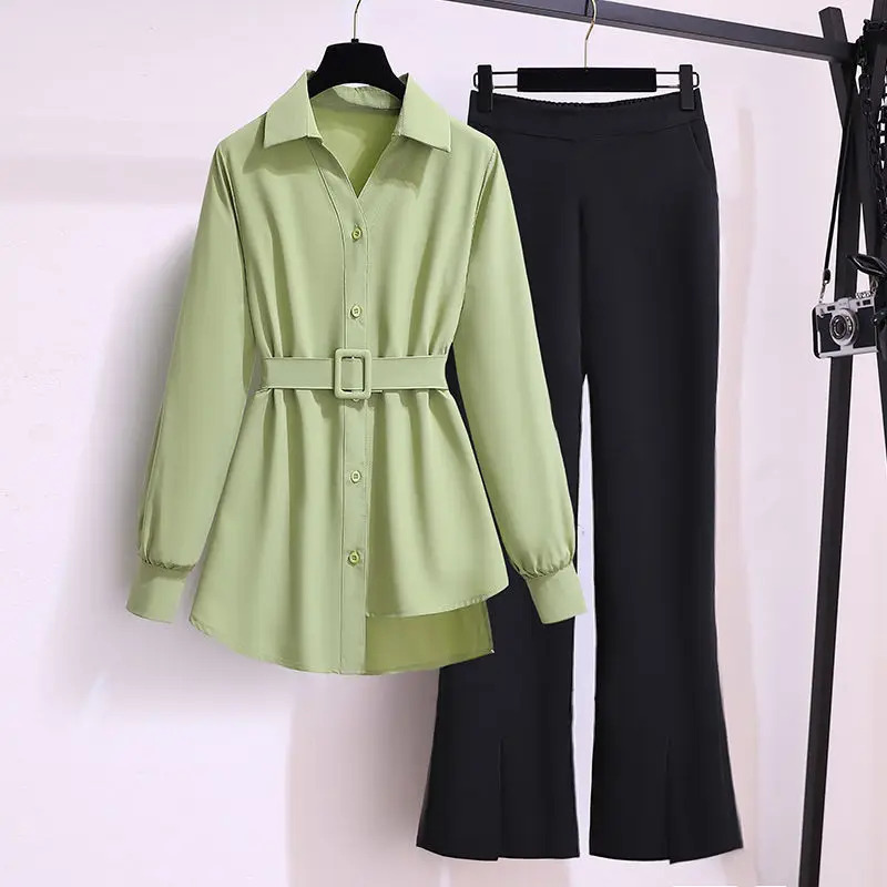 Two Piece Sets Womens Outifits For Spring 2023 New Female Pantsuits Office Lady Solid Irregular Hem Blouse & Flare Pants Costume